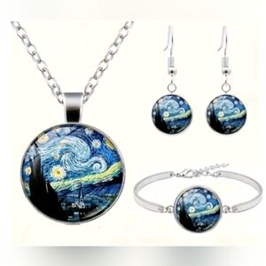 Vincent Van Gogh Starry Night Art Oil Painting Necklace, Earrings & Bracelet Set